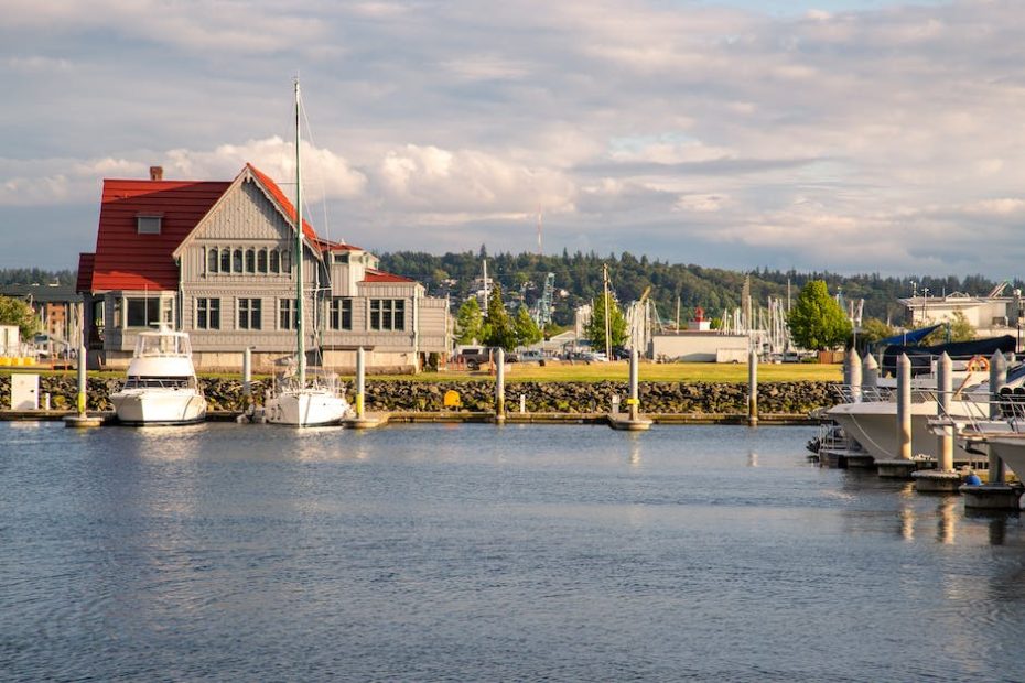 Historic Weyerhaeuser Building at Boxcar Park Viewed across the Marina, Everett, Washington