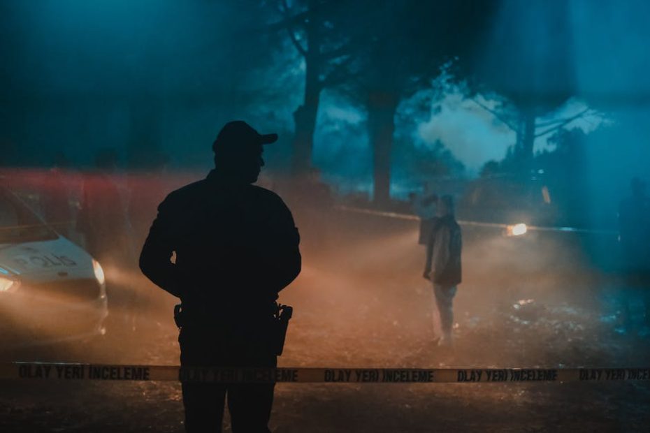 Silhouette of policeman and investigators standing behind crime scene boundary tape at night in forest